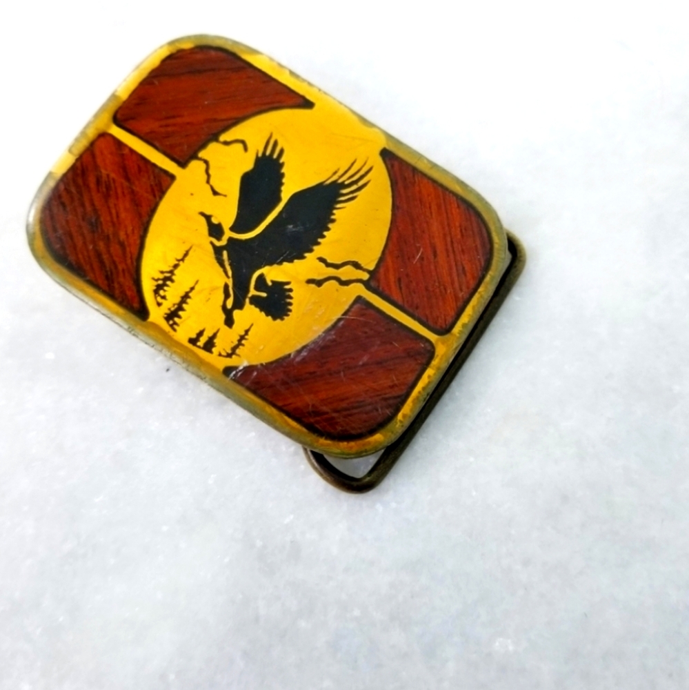 VINTAGE》Cowboy Brass Wood Panel Eagle Belt Buckle